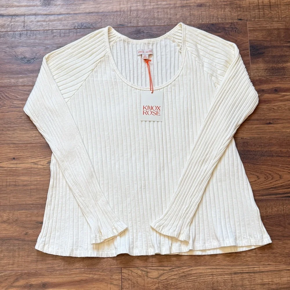Knox Rose Women's Slim Fit Long Sleeve Ribbed T-Shirt Cream Size XXL NWT - Picture 1 of 8